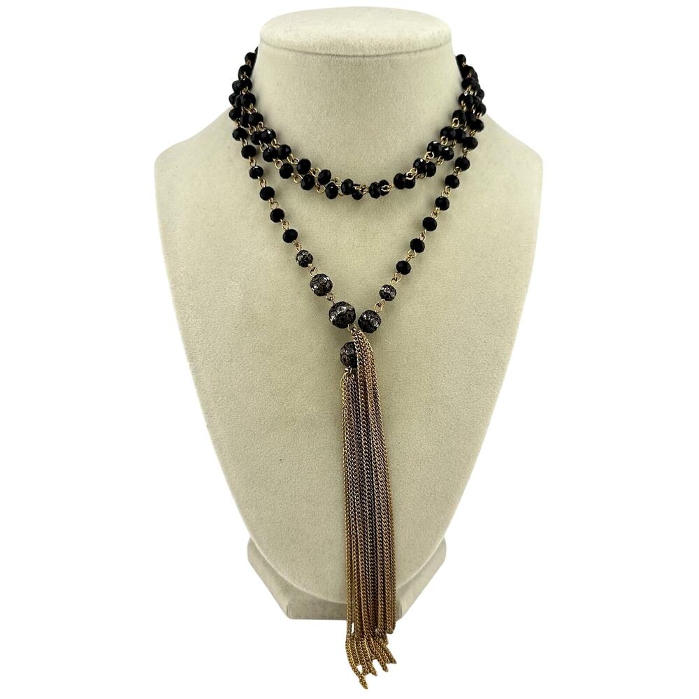 Saachi Style Black Glass Faceted Lariat Gold Tone Tassel Rhinestone 50” Necklace